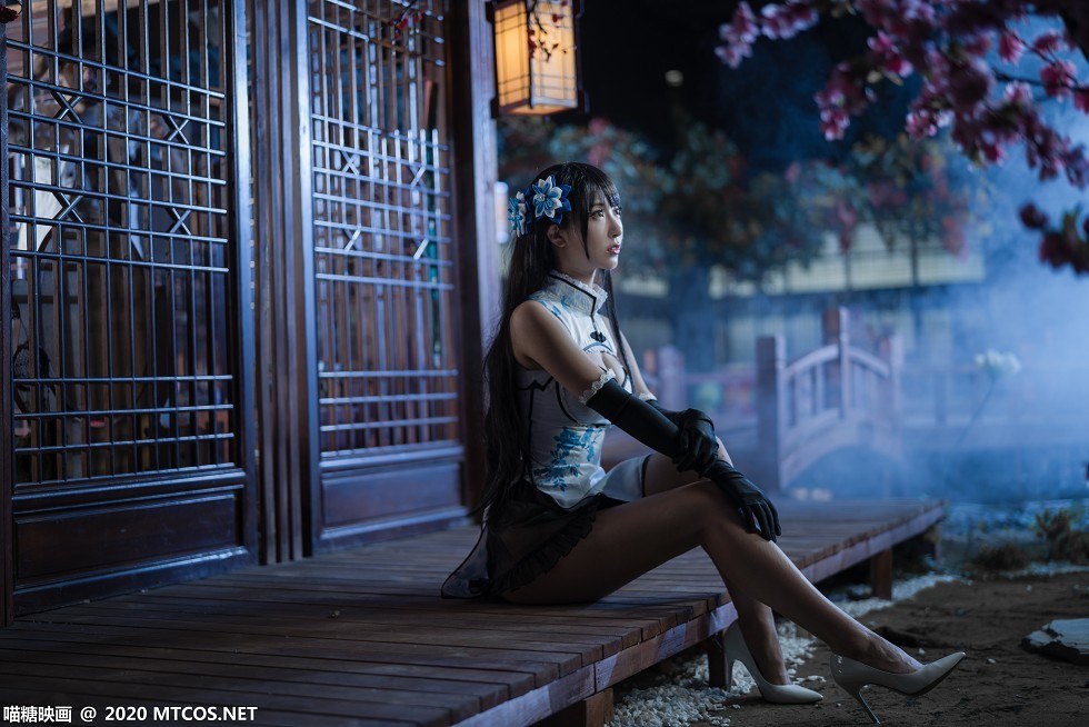[喵糖映画]HML.014_白色情趣旗袍美女居家私房黑色薄纱透视秀性感内裤诱惑写真14P