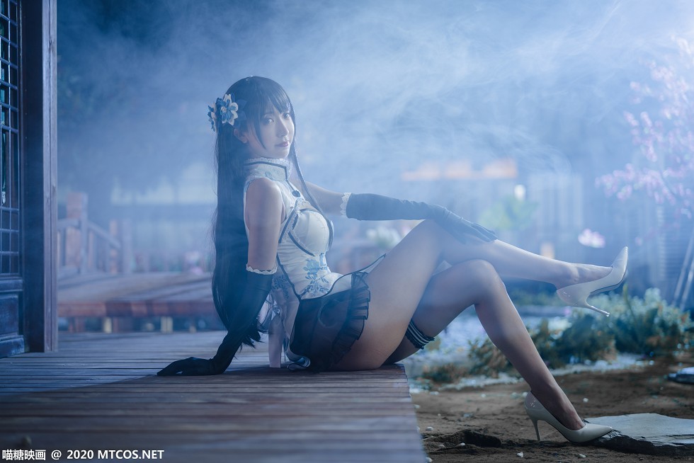[喵糖映画]HML.014_白色情趣旗袍美女居家私房黑色薄纱透视秀性感内裤诱惑写真14P