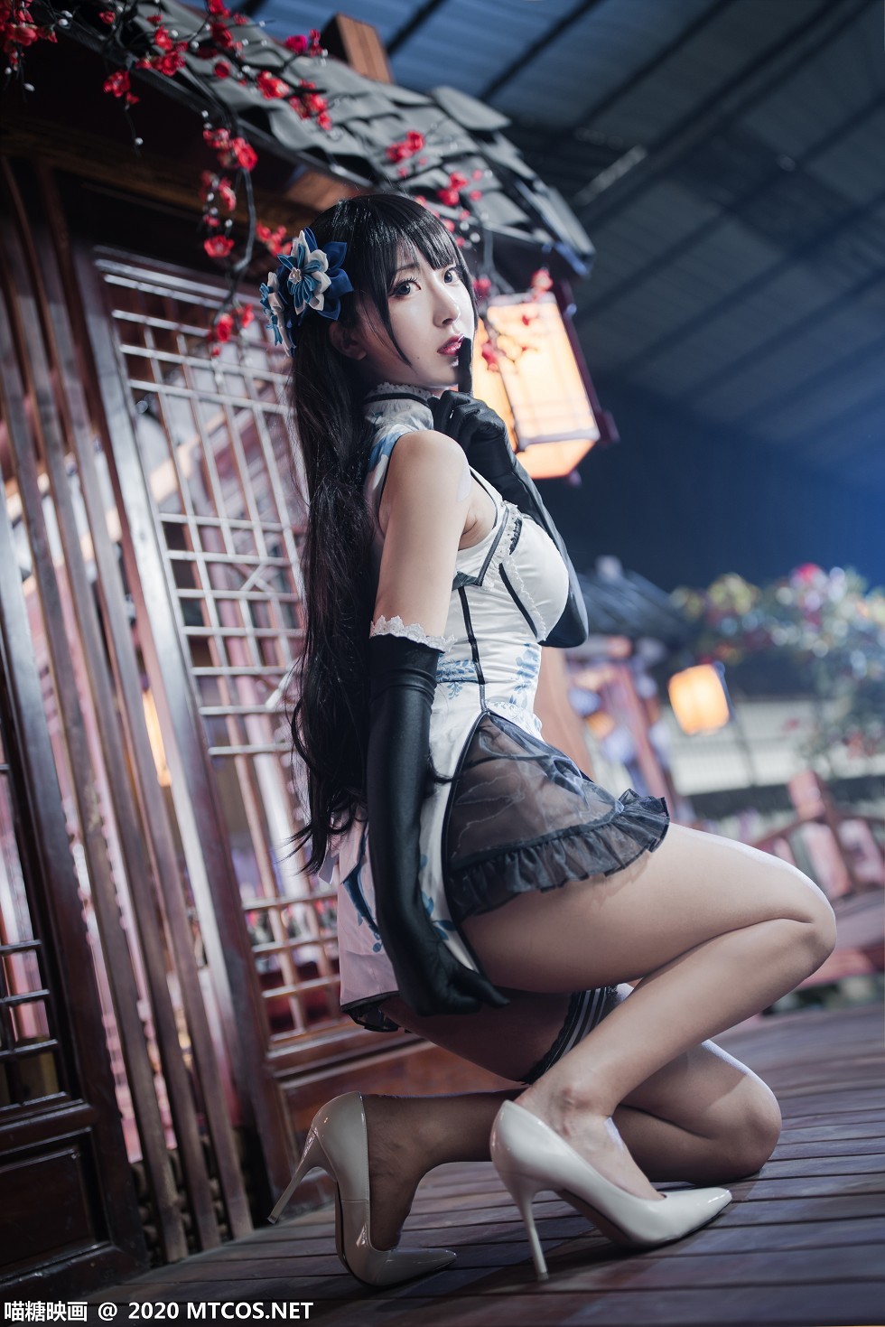 [喵糖映画]HML.014_白色情趣旗袍美女居家私房黑色薄纱透视秀性感内裤诱惑写真14P