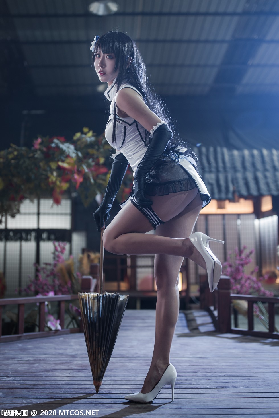 [喵糖映画]HML.014_白色情趣旗袍美女居家私房黑色薄纱透视秀性感内裤诱惑写真14P