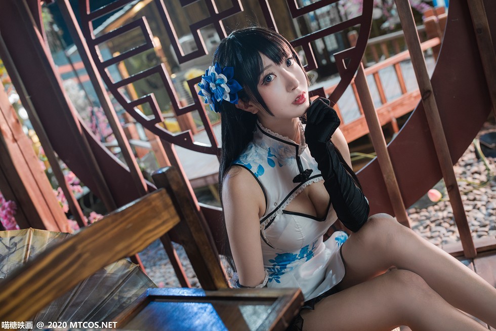 [喵糖映画]HML.014_白色情趣旗袍美女居家私房黑色薄纱透视秀性感内裤诱惑写真14P