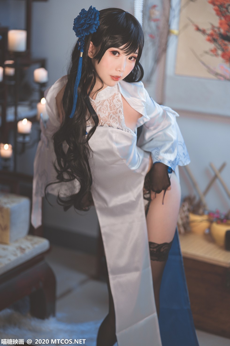 [喵糖映画]HML.023_玉玲珑旗袍美女私房黑色蕾丝内衣配蕾丝吊袜极致诱惑写真27P