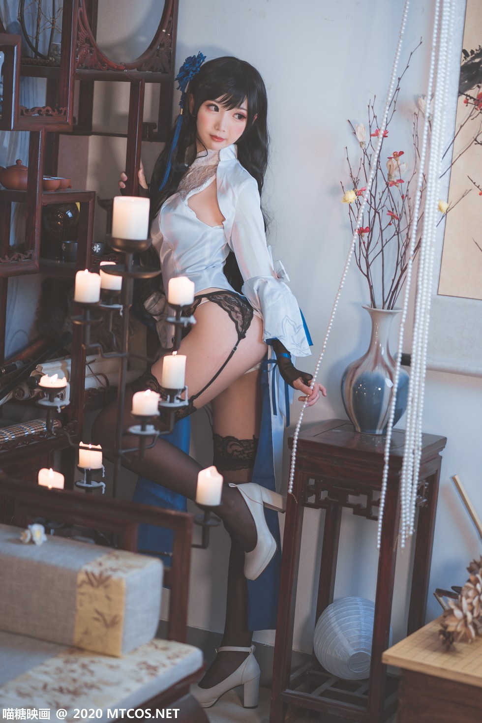 [喵糖映画]HML.023_玉玲珑旗袍美女私房黑色蕾丝内衣配蕾丝吊袜极致诱惑写真27P