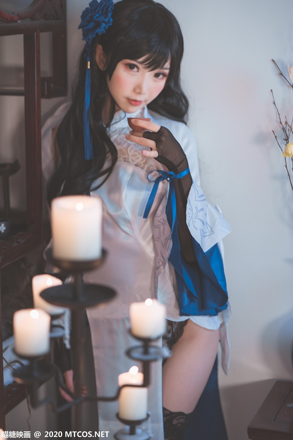 [喵糖映画]HML.023_玉玲珑旗袍美女私房黑色蕾丝内衣配蕾丝吊袜极致诱惑写真27P
