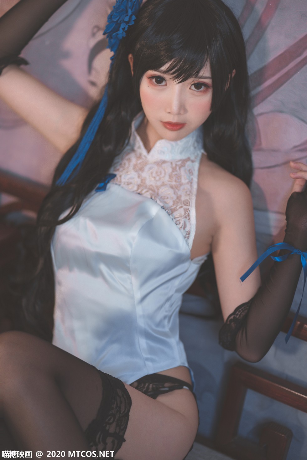 [喵糖映画]HML.023_玉玲珑旗袍美女私房黑色蕾丝内衣配蕾丝吊袜极致诱惑写真27P