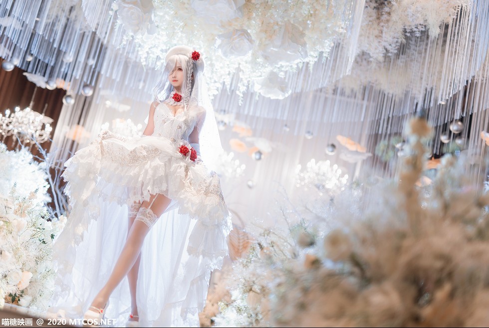 [喵糖映画]Vol.284_花嫁美少女私房纯白低胸婚纱配白色蕾丝吊袜秀完美身材诱惑写真38P