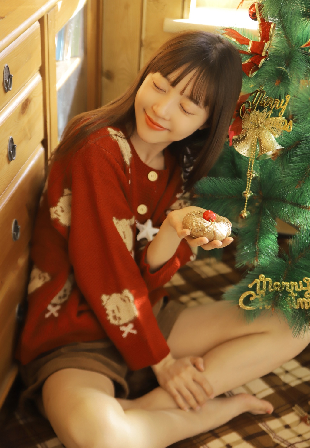 圣诞毛衣青春美女蜜汁性感卧室