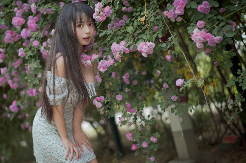 [喵糖映画]Vol.338_翠花连身裙美女户外蔷薇花丛中低胸秀豪乳半球迷人诱惑写真24P
