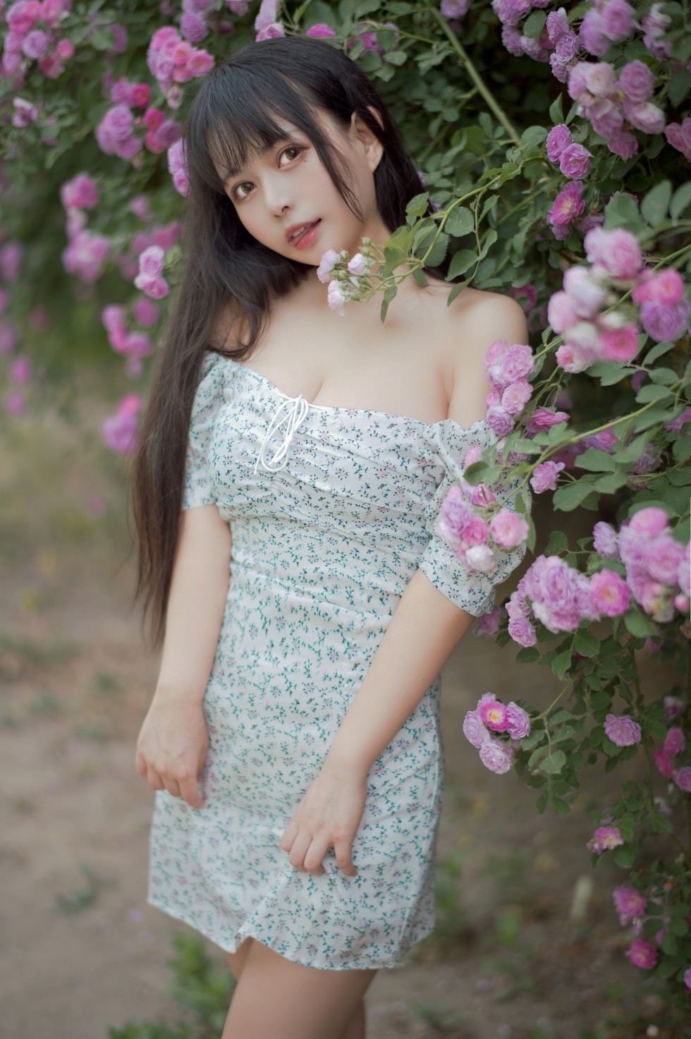 [喵糖映画]Vol.338_翠花连身裙美女户外蔷薇花丛中低胸秀豪乳半球迷人诱惑写真24P