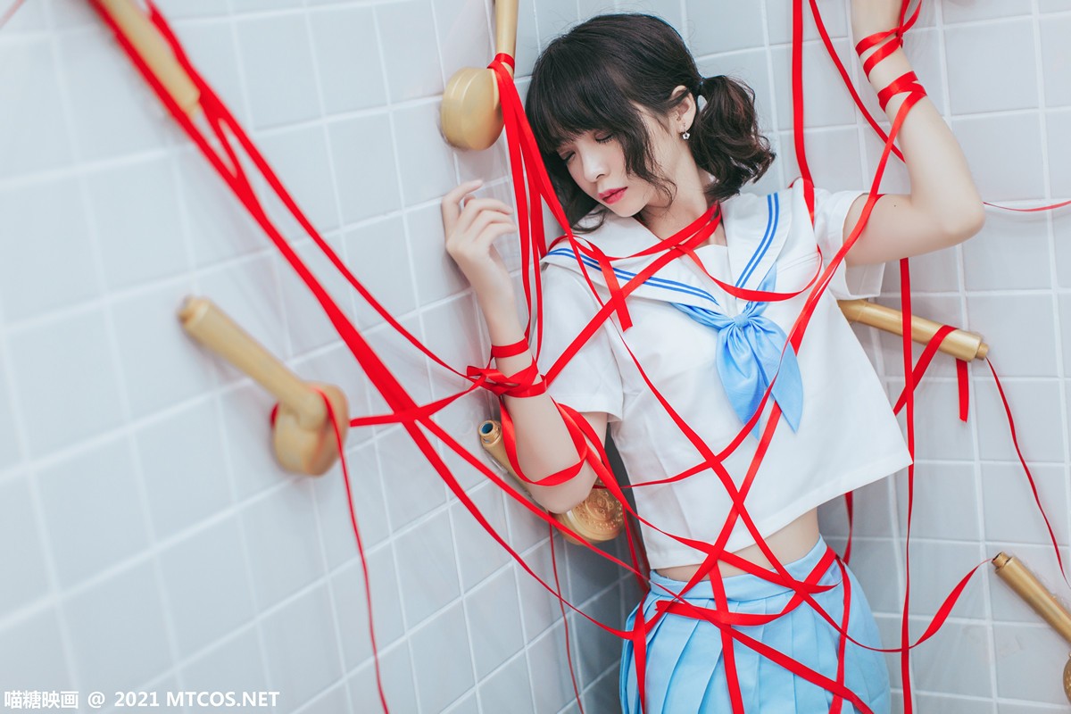 jpxgyw.com[喵糖映画]Vol.364_JK制服美女浴室红色飘带捆绑艺白丝腿袜秀美腿迷人写真21P