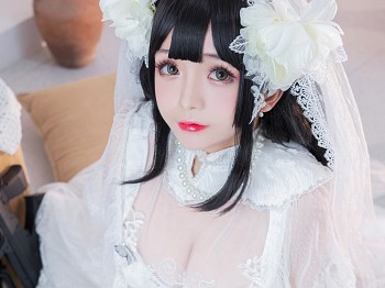 网络青春美女松本甜奈姣95式婚纱主题白色薄纱配白色蕾丝吊袜秀蜜桃臀美腿骚扰写真52P