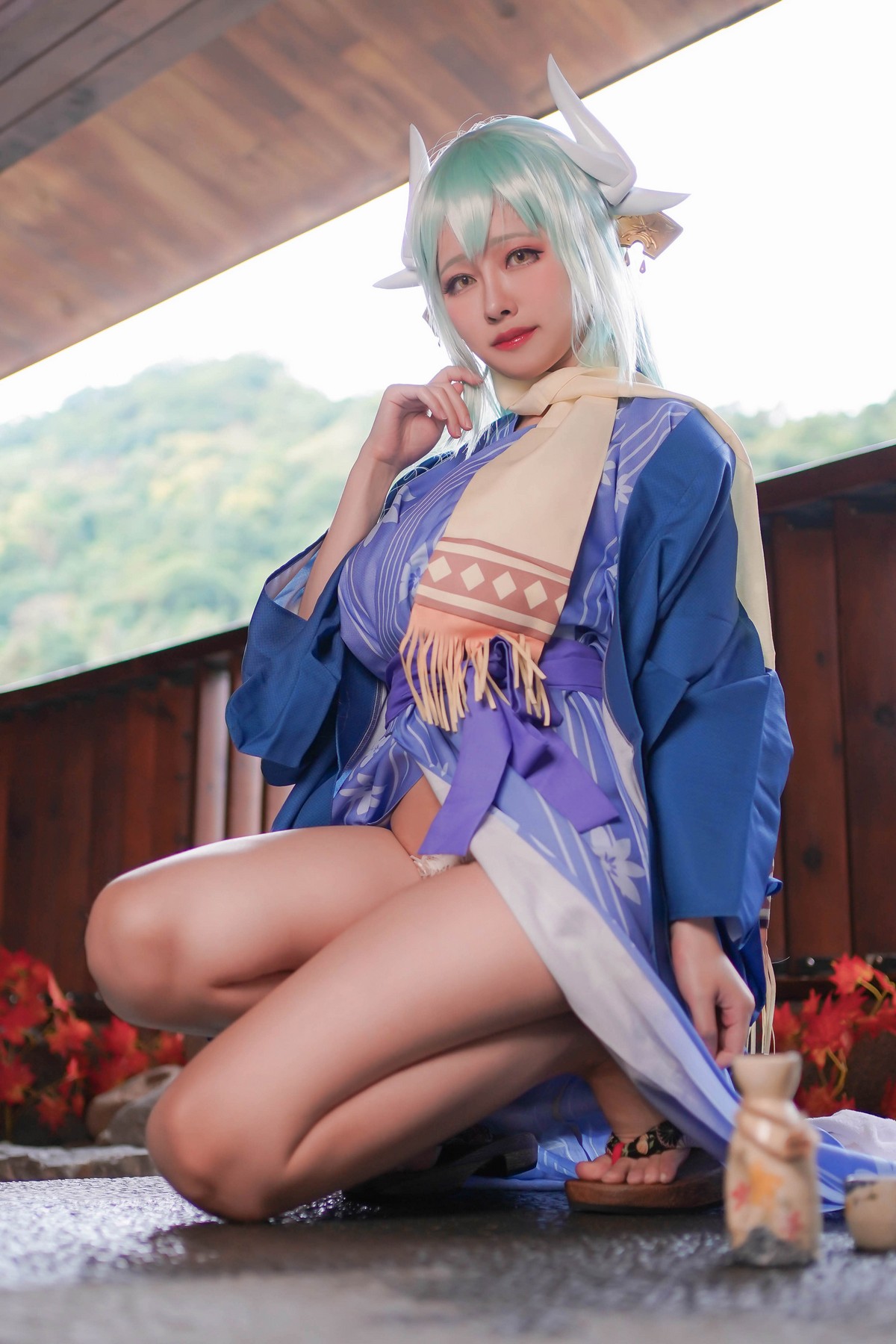 xgyw.top_Coser美女Arty亚缇Kiyohime主题温泉边半脱露白色蕾丝内衣秀豪乳翘臀诱惑写真48P