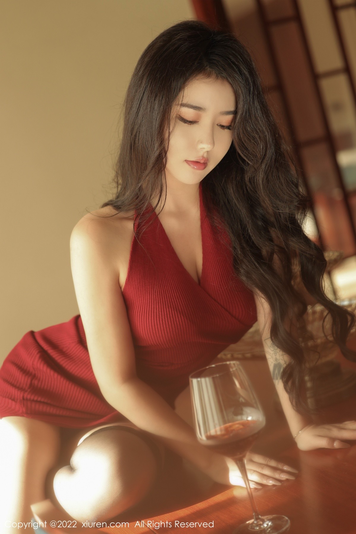 xgyw.top_XiuRen第5457期_女神玛鲁娜三亚旅拍红色露肩连衣短裙配黑丝袜秀翘臀诱惑写真56P