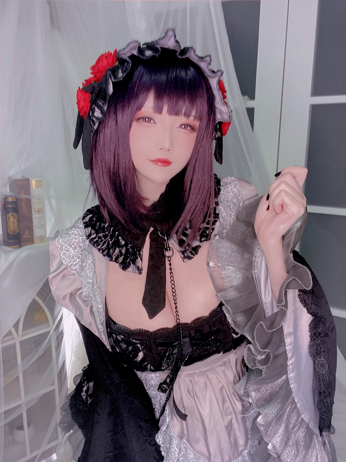 xgyw.top_Coser小姐姐星之迟迟黑江雫主题性感黑色低胸服饰露蕾丝内衣配蕾丝吊袜诱惑写真60P