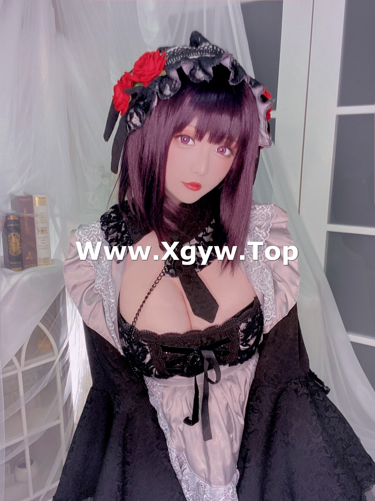 xgyw.top_Coser小姐姐星之迟迟黑江雫主题性感黑色低胸服饰露蕾丝内衣配蕾丝吊袜诱惑写真60P