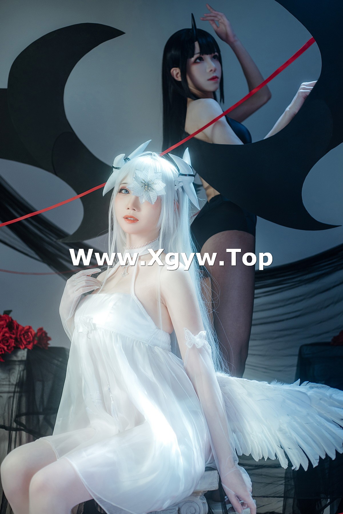 xgyw.top_网络美女焖焖碳＆Tomoyo酱碧蓝航线主题性感白色薄纱吊裙秀完美身材诱惑写真29P