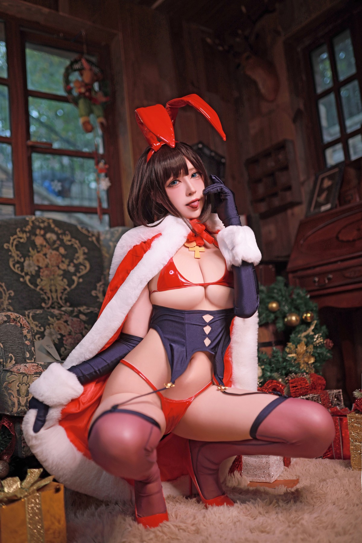 xgyw.top_网络美女黑白御猫魔太郎圣诞兔子主题私房性感红色皮质内衣秀豪乳诱惑写真35P