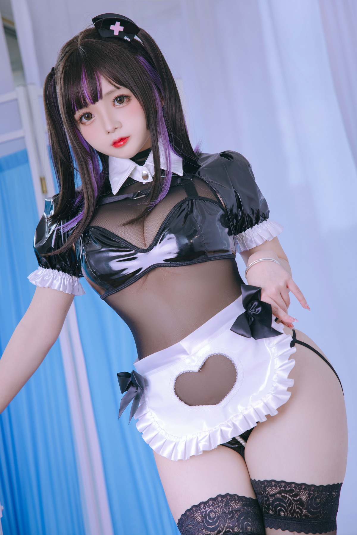 xgyw.top_Cosplay美女日奈娇口罩护士主题黑色皮质内衣配黑色蕾丝袜秀翘臀美腿诱惑写真75P