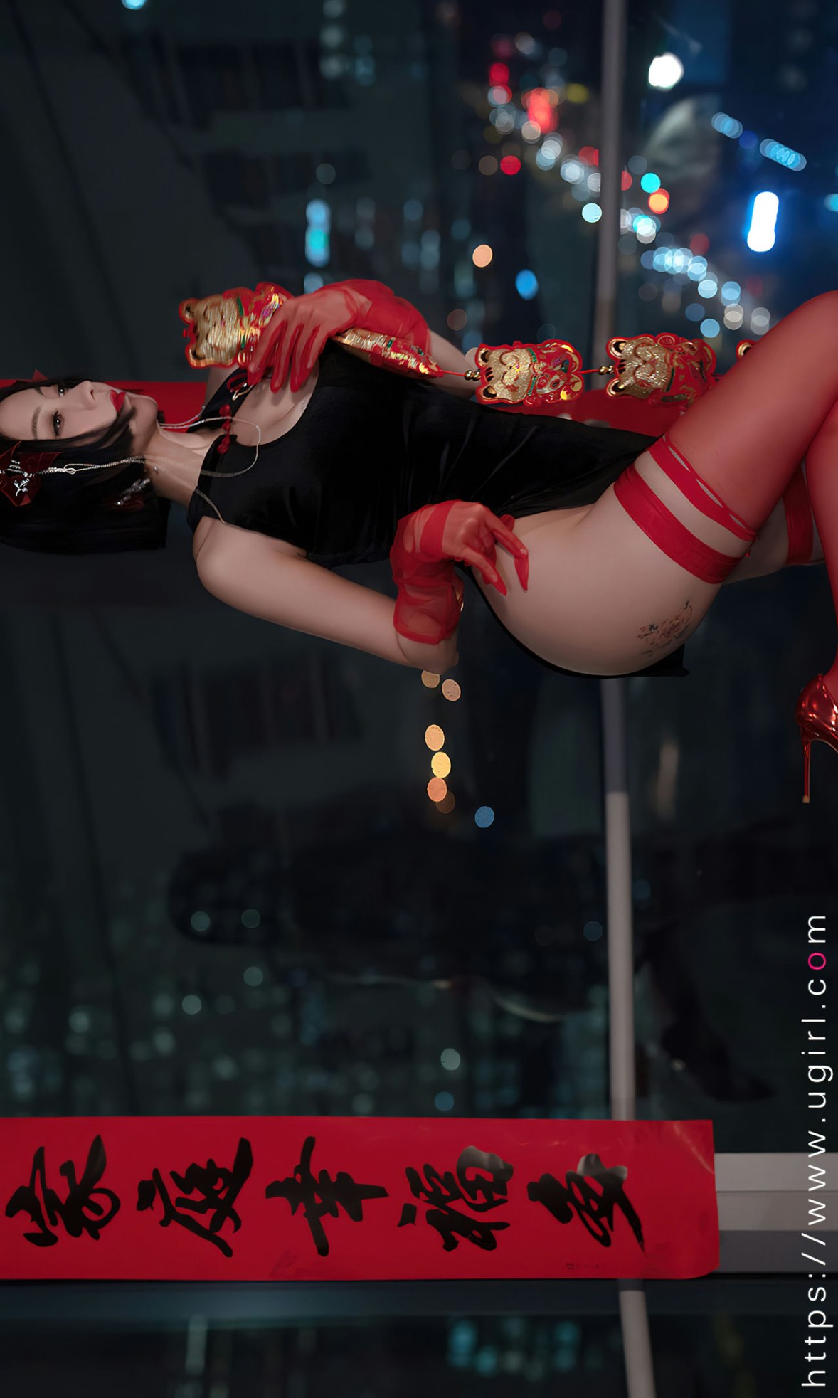 Xgyw.Net_[Ugirls爱尤物]No.2500_模特果儿性感黑色低胸情趣短旗袍配红丝袜秀完美身材诱惑写真35P