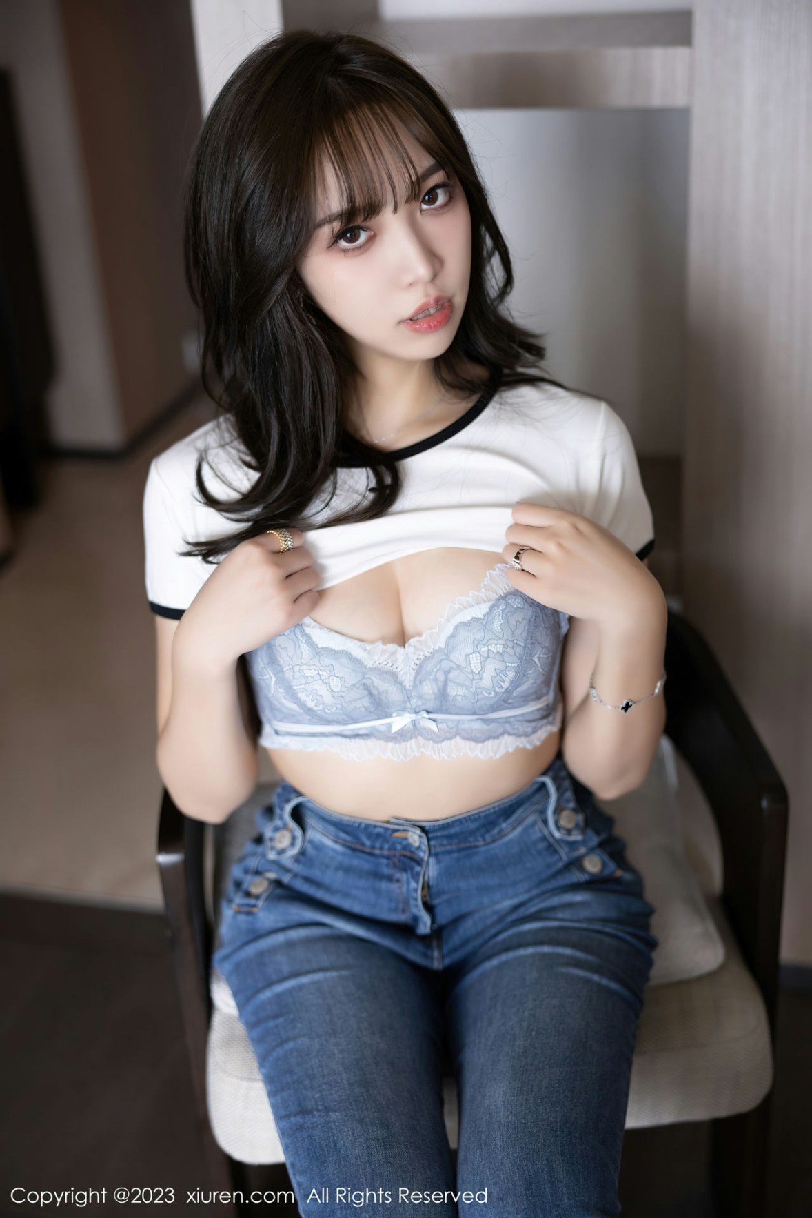 Xgyw.Net_XiuRen第6160期_模特郑颖姗Bev白色上衣配牛仔长裤露蕾丝内衣超薄肉丝诱惑写真90P