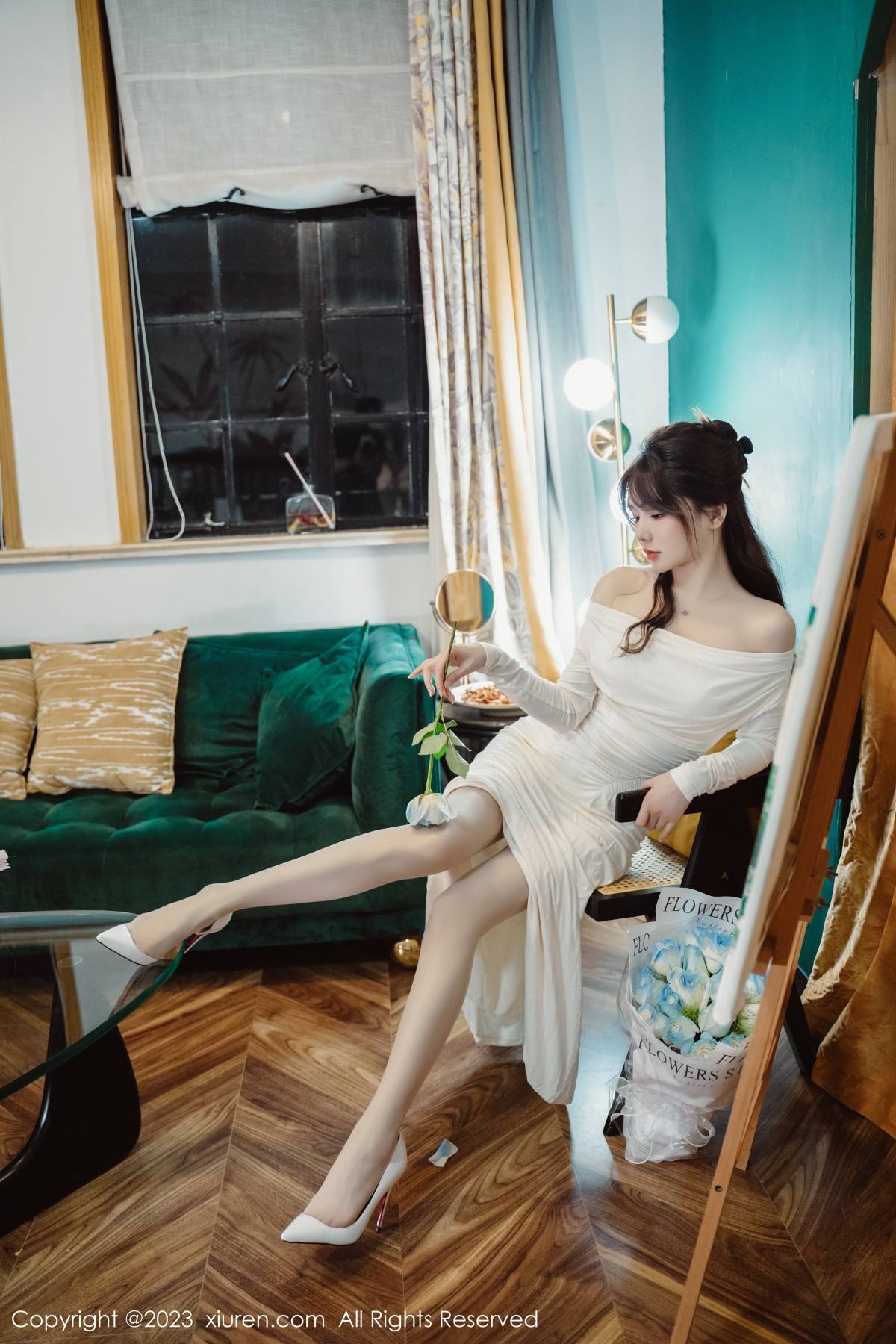 Xgyw.Net_XiuRen第6182期_模特婠婠么脱白色连衣长裙露蕾丝内衣配开档白丝迷人诱惑写真79P