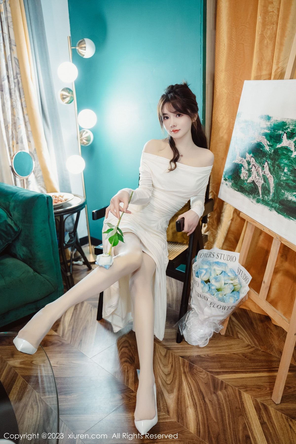 Xgyw.Net_XiuRen第6182期_模特婠婠么脱白色连衣长裙露蕾丝内衣配开档白丝迷人诱惑写真79P