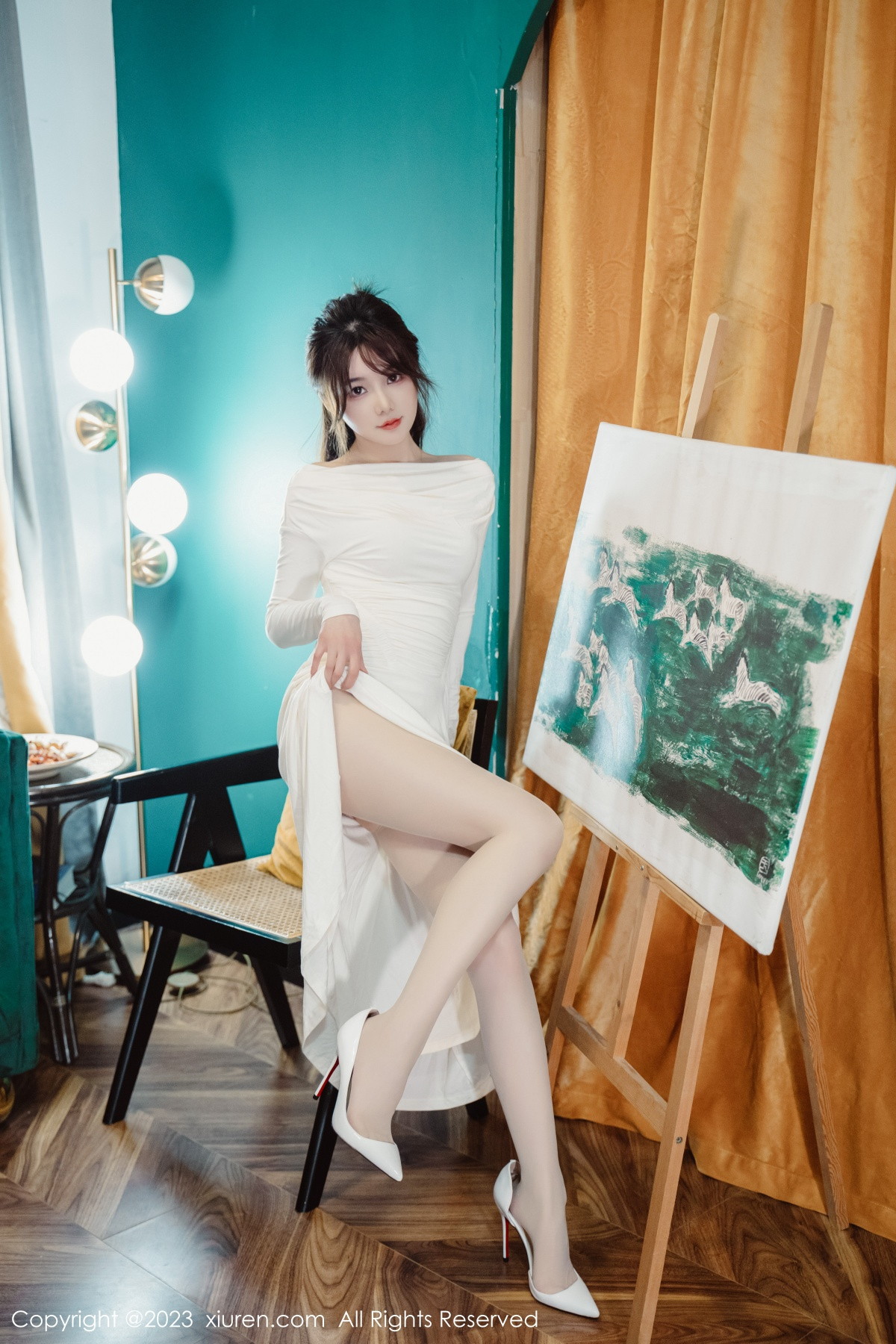 Xgyw.Net_XiuRen第6182期_模特婠婠么脱白色连衣长裙露蕾丝内衣配开档白丝迷人诱惑写真79P