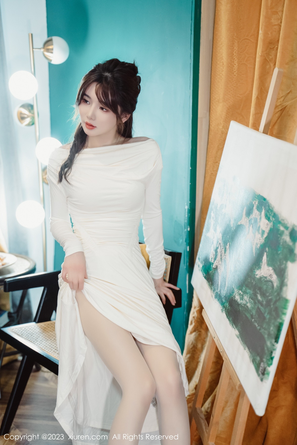 Xgyw.Net_XiuRen第6182期_模特婠婠么脱白色连衣长裙露蕾丝内衣配开档白丝迷人诱惑写真79P