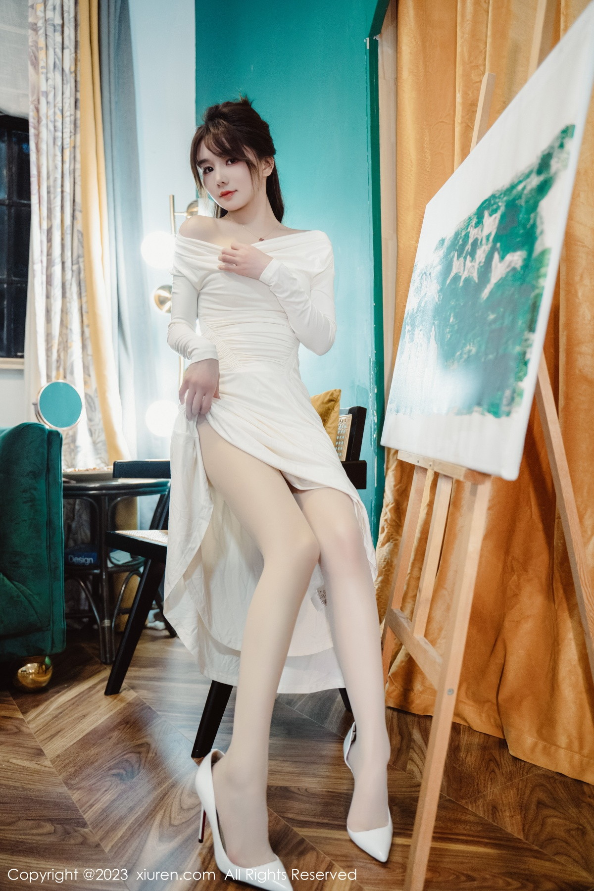 Xgyw.Net_XiuRen第6182期_模特婠婠么脱白色连衣长裙露蕾丝内衣配开档白丝迷人诱惑写真79P