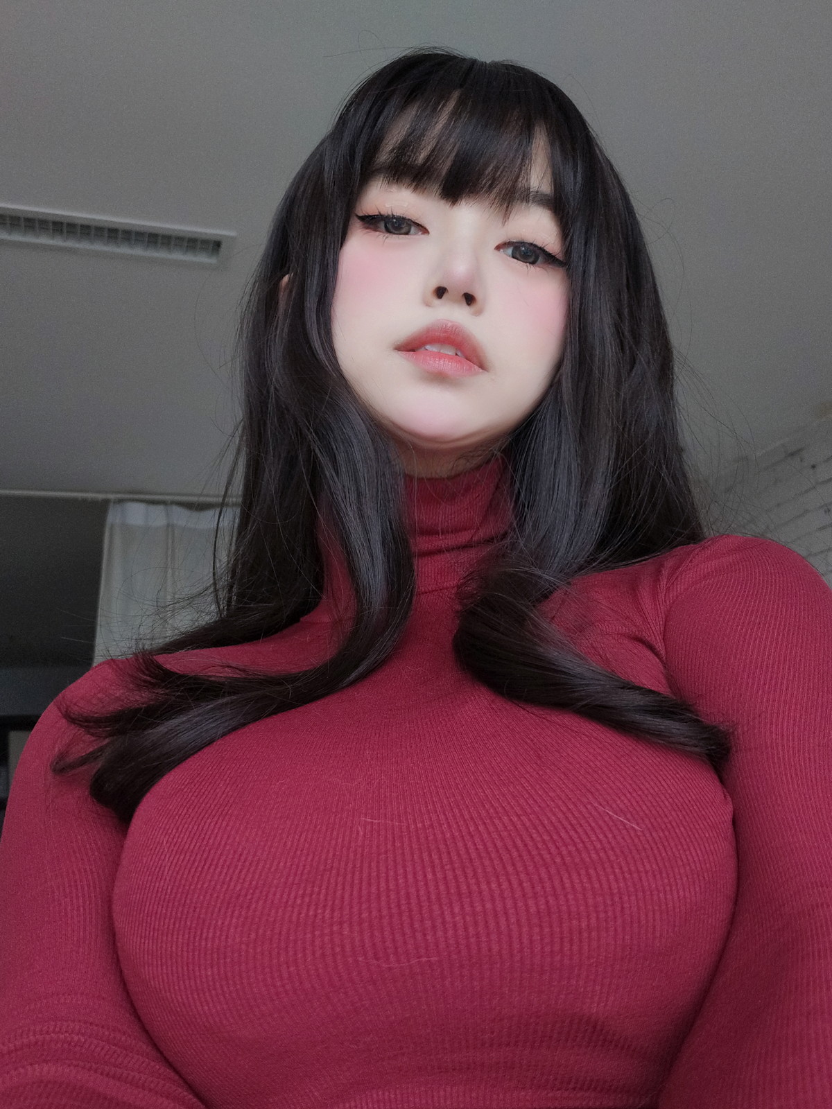 Xgyw.Net_Coser妹子女主K红色毛衣丰满妹妹主题红色毛衣配牛仔裤半脱秀豪乳翘臀诱惑写真103P