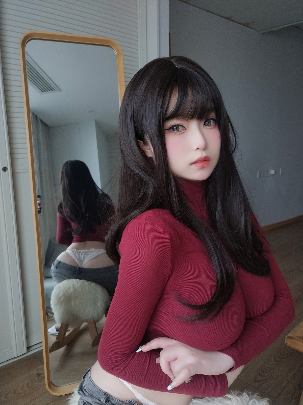 Xgyw.Net_Coser妹子女主K红色毛衣丰满妹妹主题红色毛衣配牛仔裤半脱秀豪乳翘臀诱惑写真103P
