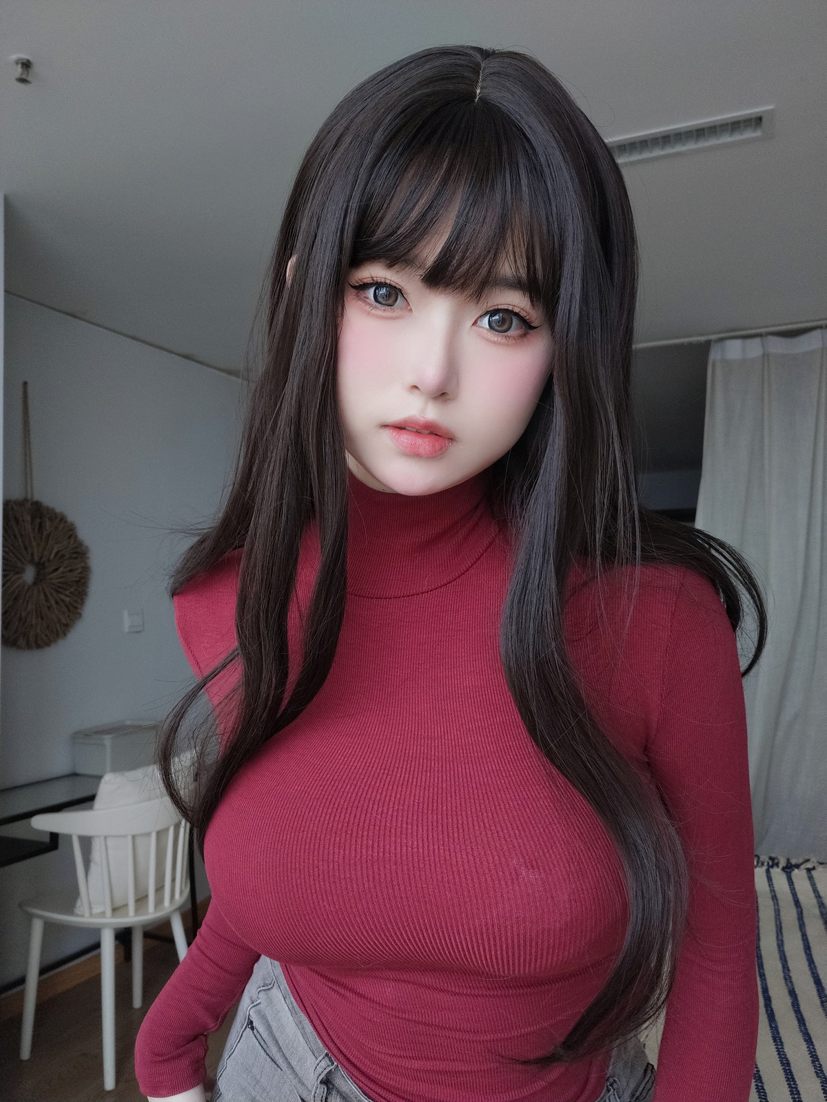 Xgyw.Net_Coser妹子女主K红色毛衣丰满妹妹主题红色毛衣配牛仔裤半脱秀豪乳翘臀诱惑写真103P