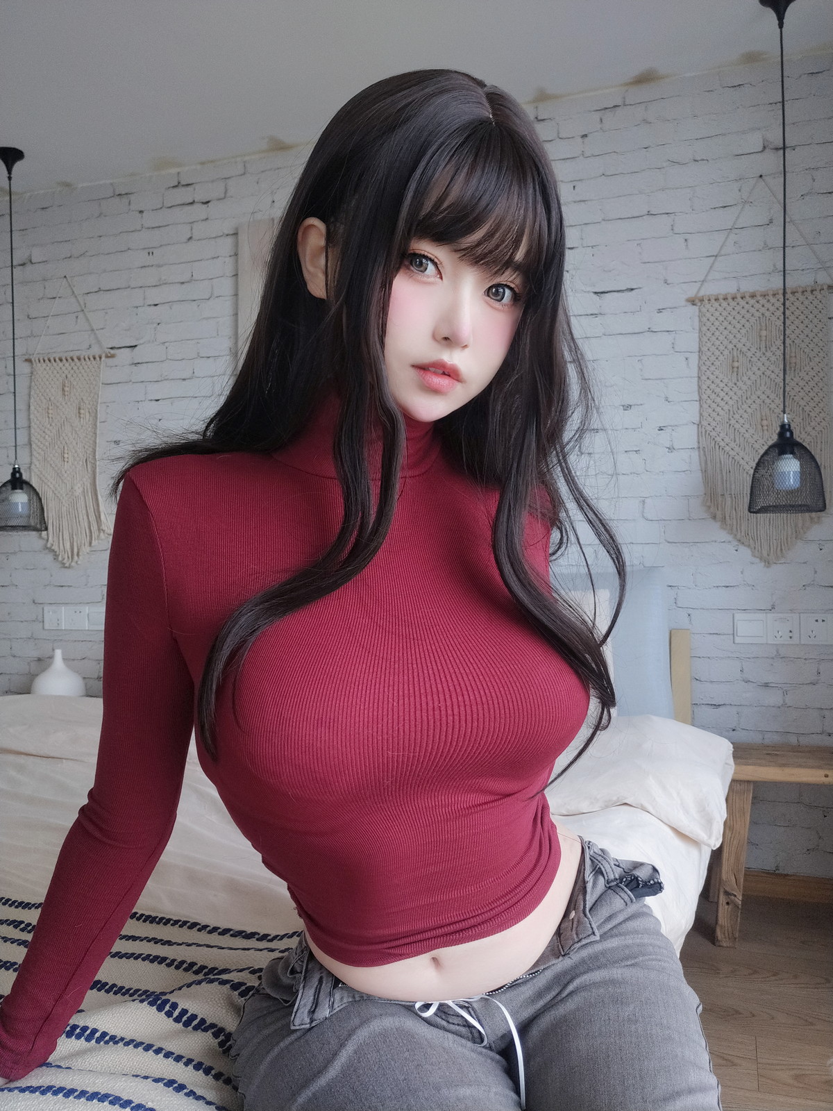 Xgyw.Net_Coser妹子女主K红色毛衣丰满妹妹主题红色毛衣配牛仔裤半脱秀豪乳翘臀诱惑写真103P
