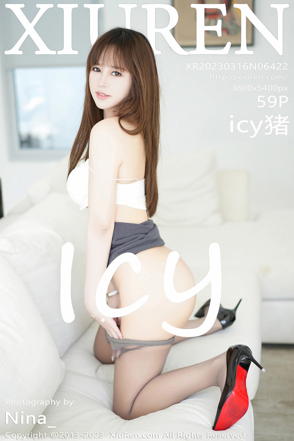 Xgyw.Net_XiuRen第6422期_模特icy猪灰色条纹上衣配灰短裙露超薄无内灰丝秀翘臀诱惑写真59P